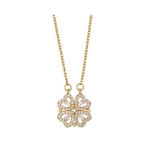 Image of Love Heart Necklaces for Women Silver Golden Crystal Rhinestone Pendant Necklace Gold Plated Four Leaf Clover Necklaces Wedding Anniversary Chain Jewellery for Mum Wife Girlfriend Anniversary (Gold)