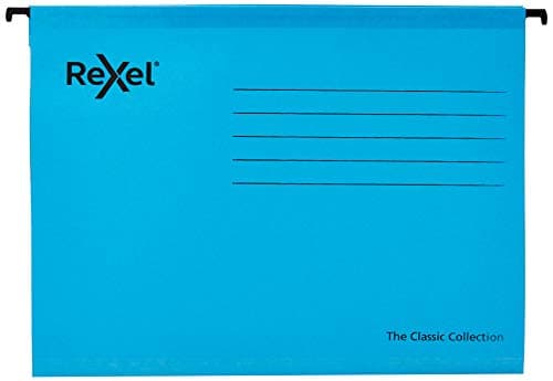 Image of Rexel Classic A4 Reinforced Suspension Files for Filing Cabinets, 15 mm V base, 100 Percent Recycled Card, Blue, Pack of 25, 2115587