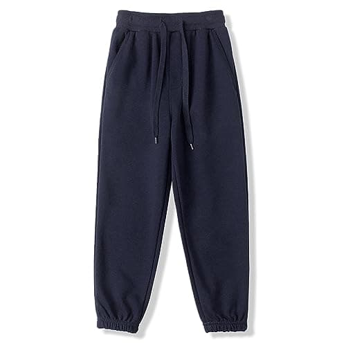 Image of BINIDUCKLING Boys Girls Plain Joggers, Drawstring Tracksuit Bottoms Classic Elasticated Cuff Jogging Pants Kids Casual School Trousers for PE Sports and Games (Navy,130/6Years)
