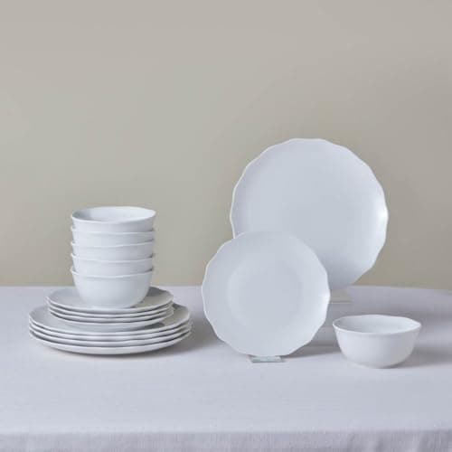 Image of Karaca Scalloped 18-Piece Porcelain Dinner Set for 6 People, White Plates and Bowls, Modern Elegant Dinnerware, Microwave & Dishwasher Safe
