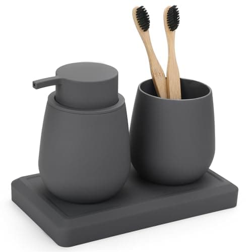 Image of AJEUNGAIN Grey Bathroom Accessories Set, Modern 3 Pcs Bathroom Essentials - Soap Dispenser, Toothbrush Holder & Tray, Countertop Vanity Organizer (Grey)