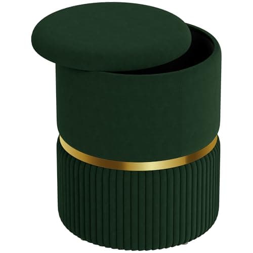 Image of HOMCOM Round Storage Stool, Velvet-feel Fabric Upholstered Vanity Stool with Removable Top, Padded Seat and Hidden Space for Living Room, Bedroom, Dark Green