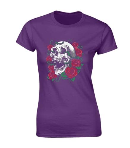 Image of Crown Designs Skull and Roses Cool Premium Quality Fitted T-Shirt Top for Women and Teens - Purple / 14-16