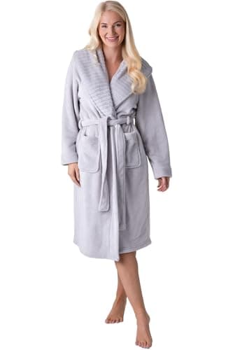 Image of Camille Women's Supersoft Fleece Dressing Gown - Long-Sleeve, Calf-Length Bathrobe | Ribbed Collar, Wrap Belt Tie Fastening & Front Pockets | Warm Comfy Housecoat - Light Grey 18-20