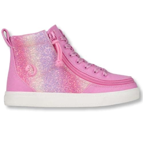 Image of SpecialKids.Company Billy Adaptive Footwear for Kids, High Top, Canvas, AFO Friendly FlipTop Wraparound Zipper & Laces, Pink Glitz, UK4