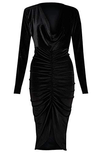 Image of Mustwearit Women Ladies Crushed Velvet Cowl Neck Long Front Ruched Midi Dress Sizes 8-26 Black Plus Size (UK 16/18)