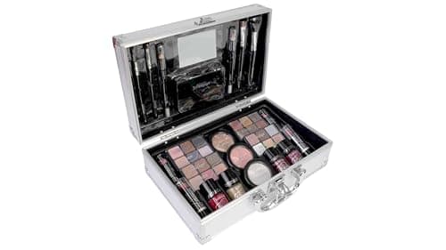 Image of bonvoyage, Makeup Kit, Includes Lipsticks, Eyeshadows, Blush, Nail Polish, Mirror and Make Up Brushes, Portable Lightweight Metal Train Case, Bon Voyage