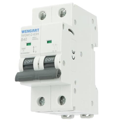 Image of Wengart 40A 2-Pole MCB Circuit Breaker, 10kA High Breaking Capacity, AC 230V B-Curve, 36mm Double Module for Total Isolation, Professional Safety Switch for Electric Showers, Cookers & Outbuildings