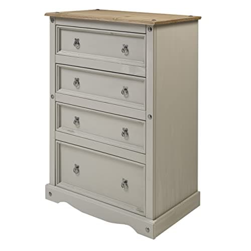Image of Mercers Furniture Corona Grey Wax Compact 4 Drawer Chest Solid Wood Pine Wooden Painted Shabby Chic Mexican Bedroom Storage Cabinet Deep Drawers 113cm High 82cm Wide 40cm Deep