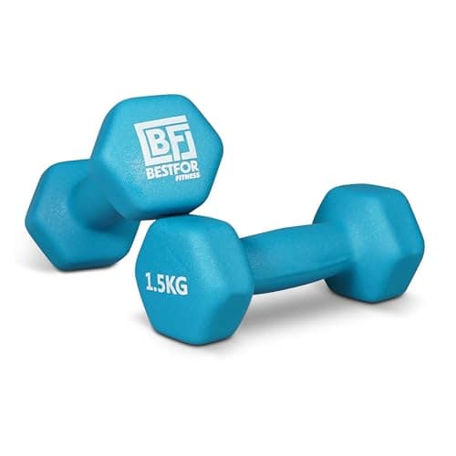 Image of Bestfor Pair of 1.5kg Hex Anti Roll Non Slip Neoprene Dumbbell Weights For Exercise, Fitness, Workouts, Lifting with Exercise Chart