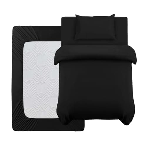 Image of Oxford Homeware Single Duvet Cover Set Black Brushed Microfiber 3 Piece Single Bedding Set with Fitted Sheet and Pillowcase Soft Breathable Duvet Cover Sets