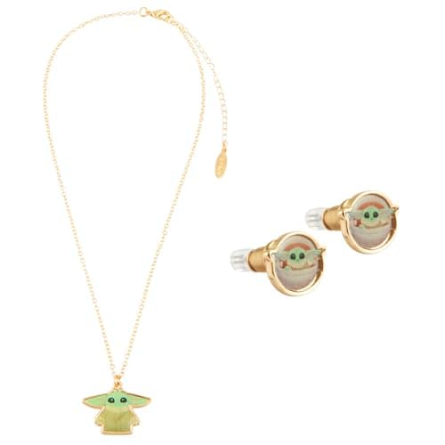 Image of Disney Stitch Girls Jewellery Set, Friendship Necklace Earrings Bracelet Rings - Stitch Gifts (Gold Baby Yoda)