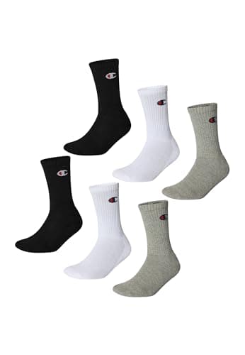 Image of Champion Unisex Basics 6pk Crew Ankle Socks, Light Grey Melange/White/Black, 6-8 UK