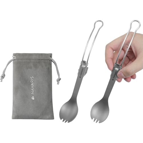Image of Navaris Titanium & Stainless Steel Spork - Lightweight Foldable Travel Cutlery Sporks for Camping - Compact Reusable Fork & Spoon with Locking Mechanism & Carry Bag - Set of 2