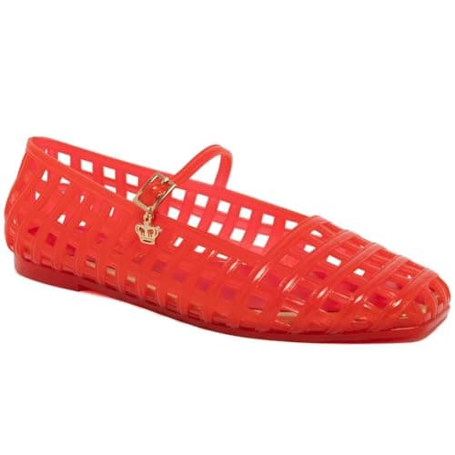 Image of Juicy Couture Women's Jelly Mary Jane Flats - Caged Lattice Fisherman Shoes with Crown Charm, Summer Ballet Flat, Casual Comfort Slip-On, Malaysia - Red Size 8