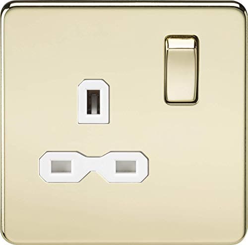 Image of Knightsbridge SFR7000PBW 13 A 1G Screw Less DP Polished Switched Socket with White Insert - Brass