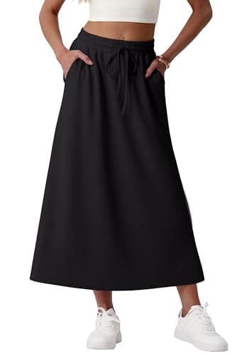 Image of GRECERELLE Women's Skirts with Pockets Elasticated Waist Midi Skirt A-Line Summer Casual Maxi Skirt Long Skirts for Women UK (Black, XL)