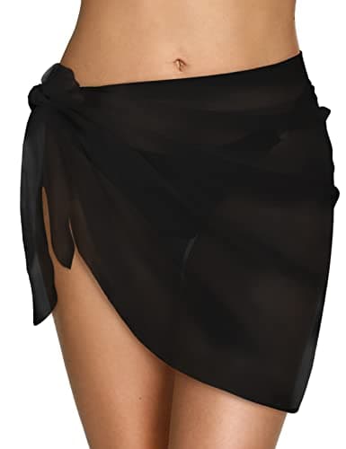 Image of Xnova Women Beach Wrap Sarong Cover Ups Sexy Chiffon Ladies Beachwear Black Swimsuit Pareo Girls Short Skirt for Bikini Summer Holiday Solid Color Pleat(Black,One Size)