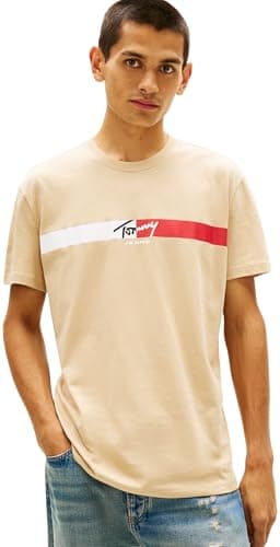 Image of Tommy Jeans Men's TJM Reg Signature Stripe T Ext DM0DM22539 S/S T-Shirt, Beige (Gentle Gold), L