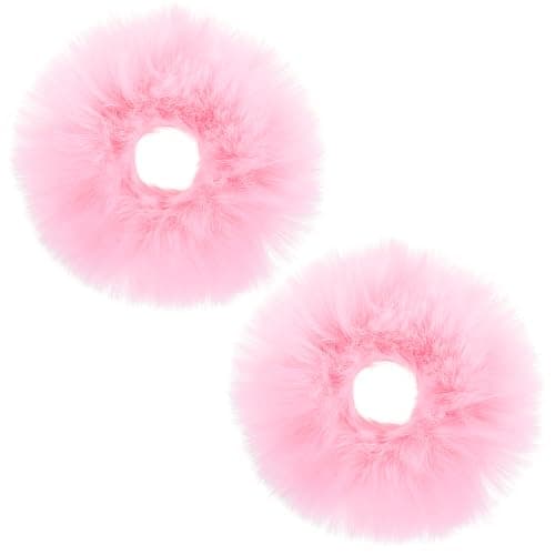 Image of 2 Pcs Pink Pom Pom Hair Tie, Fuzzy Furry Faux Rabbit Fur Scrunchies Ponytail Holders Baby Hair Ties Pom Hair Accessories for Girls Women (Pink)