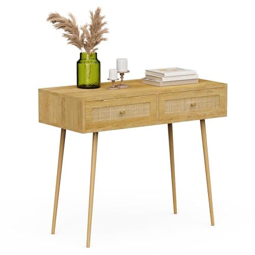 Image of VonHaus Dressing Table with Natural Rattan Drawers - Bedroom Vanity Storage Desk for Makeup & Skincare - Hallway or Living Room Console Table - Boho Computer Desk with 2 Drawers for Home office