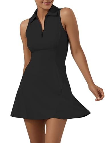 Image of GroYolan Tennis Dress for Women Polo Golf Dresses with Shorts 3 Pockets Sleeveless Athletic Sport Outfit Zip Up Workout Dress Black