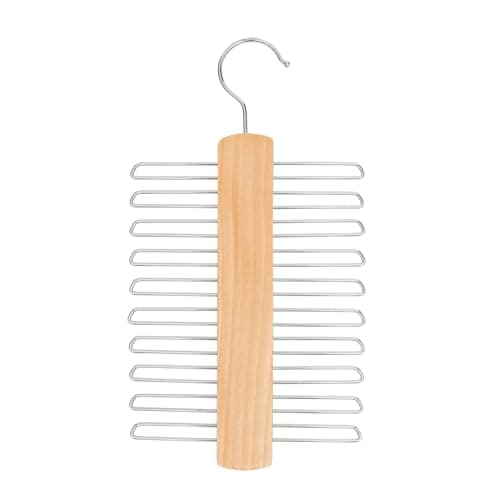 Image of Tie Hanger for Wardrobe | Wooden Tie Organiser for Men with 20 Non-Slip Chrome Bars | Stylish Tie Rack Holder with 360° Swivel Hook for Sophisticated Tie Storage