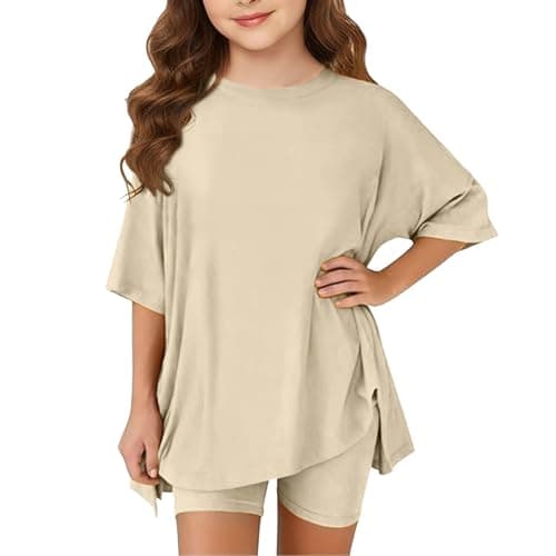 Image of Girls Oversized T Shirt Kids Casual Loose Fit Short Sleeve Top UK Soft Breathable Cotton Tee for Girls Play Everyday Comfort Outfits 12-13 Years Beige