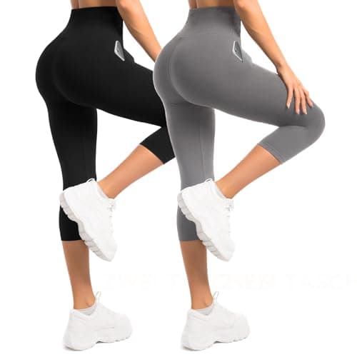 Image of Sanpetix Women's 3/4 Leggings with Pockets, 2-Pack High-Waisted Capri Leggings for Women, Soft Stretchy Trousers for Workouts, The Gym and Yoga Black Grey LXL