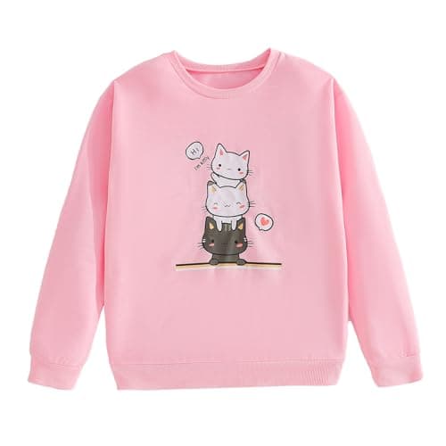 Image of Xumplo Girls Long Sleeve Jumper Clothes Tween Girl Pink Cat Sweatshirt Teen Girl Crew Neck Casual Pullover Top Kids Clothing 9-10 Years