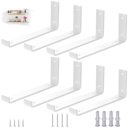 Image of VTOPVMAX 8 Pack Heavy Duty Shelf Brackets with Lips for Scaffold Boards, 5mm Thick Steel L-Shaped Modern White Wall Supports, 12"x4" (30x10cm) Shelving Brackets Kit