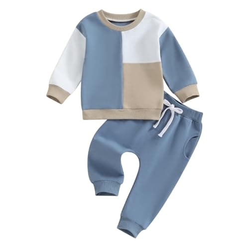 Image of Vioyavo Toddler Boys Girls Tracksuit Outfit Contrast Color Long Sleeve Round Neck Sweatshirt Elastic Waist Trousers 2Pcs Sports Set (Blue, 2-3 Years)