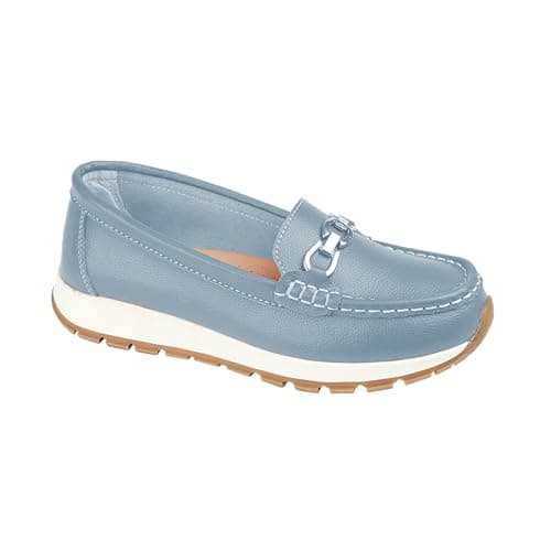 Image of Jo & Joe Ladies Smooth Leather Comfort Wedge Loafer with Chain Trim Sizes 4-8 (Baby Blue, UK Footwear Size System, Adult, Women, Numeric, Medium, 6)