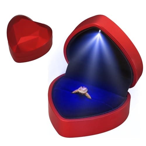 Image of Ring Box With LED Light for Mother's Day, Heart Shape Jewellery Gift Box Ring Organiser Earring Storage Diamond Luxury Storage Box Case Display Holder for Women Proposal Wedding Engagement (Red)