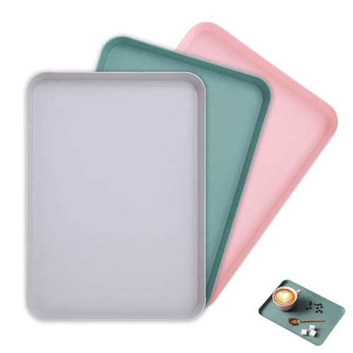 Image of 3 Pack Plastic Serving Trays, Plastic Rectangular Reusable Trays, Serving Platters Dishes, BPA free Display Traies, Dinner Tray for Drinks Snacks Tea or Coffee (Pink, Blue, Gray)