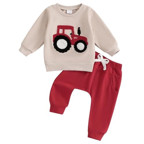 Image of PanLidapan Baby Boy Fall Clothes Toddler Outfits Tractor Embroidery Sweatshirt Jumpers Tops Jogger Pants Trousers Set 2Pcs Winter Tracksuit (Red, 3-6 Months)