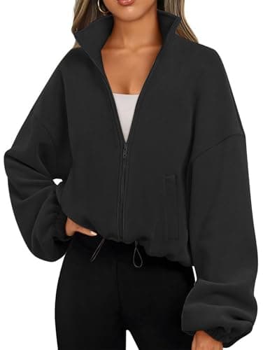 Image of Famulily Women's Full Zip Fleece Short Sweatshirt Jacket Cozy High Neck Lightweight Loose Fit Athletic Tops Black S