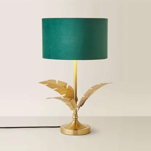 Image of ValueLights | Christina Green Velvet with Gold Inner Drum Shade Gold Palm Leaf Table Lamp | Table Lamps, Home Décor & Improvement Essential