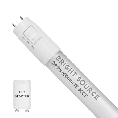 Image of Bright Source LED T8 Tube, 3CCT Colour Switchable 3000K 4000K 6000K, 2ft (590mm), 9W, 1170lm, 18w T8 Fluorescent Equiv., Starter Included, use with Direct Mains or Fitting with Magnetic Ballast
