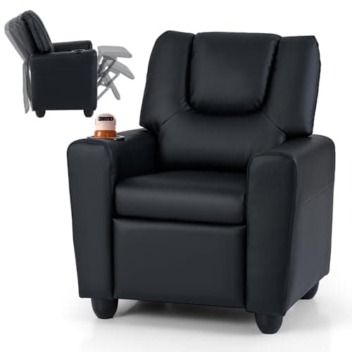 Image of COSTWAY Kids Recliner Chair, Adjustable Children Armchair Sofa with Cup Holder, Footrest, Toddler Gaming Lounge Chair for Boys Girls (PU Leather, Black)