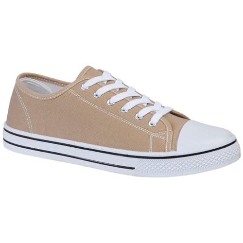 Image of MyShoeStore Men's Canvas Lace-Up Plimsolls Flat Gym Baseball Sports Skate Trainers Lightweight Sneakers Casual Pumps with Rubber Sole in Taupe UK Size 9