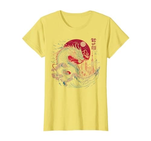 Image of Japanese Tokyo Rising Dragon Great Wave Off Kanagawa Kanji T-Shirt, Women, Lemon Yellow, Medium