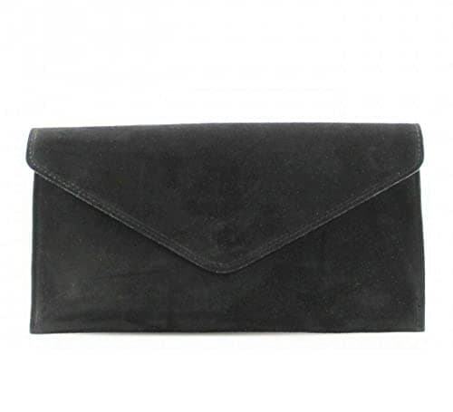 Image of 00 Women's Real Leather Envelope Clutch Evening Bag Ladies Suede Shoulder Handbag Metal Zip Closure Bag Ladies Party Handbag Women Hangout Shoulder Bag (Black)