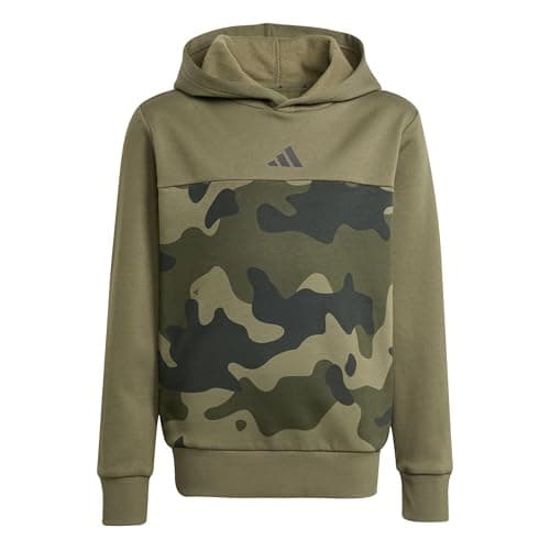 Image of adidas Unisex Kids Seasonal Essentials Camo Fleece Hoodie Juniors, olive strata/black, 11-12 Years