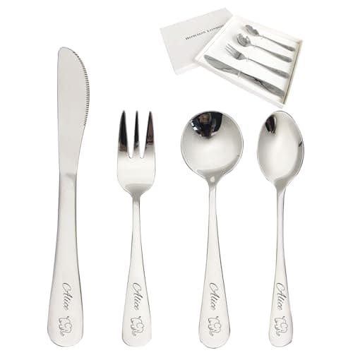 Image of Personalised Cutlery Set for Children Christening Gift for Boy Girls Knife Fork Spoon 4pcs Stainless Steel for Kids Toddler Cutlery Set Gifts in Gift Box Engraved Monkey Lion Giraffe Image 03