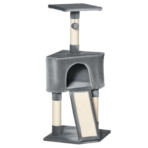 Image of PawHut Corner Cat Tree for Indoor Cats, Kitten Tower with Scratching Post House Ladder Toy - Grey