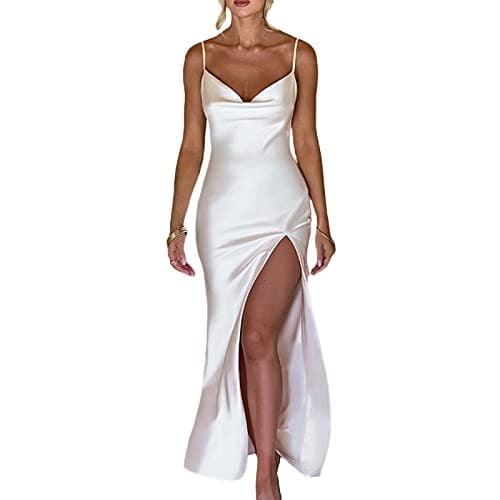 Image of FeMereina Women Summer Sexy Cowl Neck Spaghetti Strap Sleeveless Long Satin Dress Slit Club Slip Maxi Dress Wedding Guest Cocktail Midi Dresses (White, S)