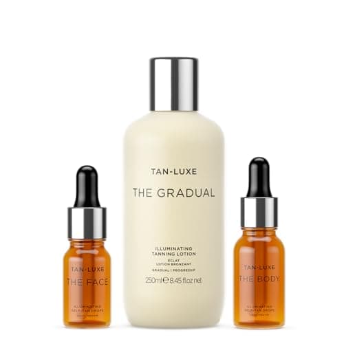 Image of THE FACE Self Tanning Drops, Medium (10 ml) + Tan Luxe THE GRADUAL Self Tan Lotion, (250 ml) Self Tanning Skin Care with Gradual Glow + Tan Luxe THE BODY Self Tan Drops, Medium (15 ml)