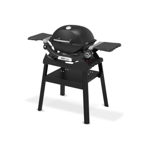 Image of Weber Q 1200N Gas Barbecue with Side Tables & Stand/Compact BBQ, Porcelain-Enamelled Cast Iron Grates, Built-In Lid Thermometer, High-Efficiency Burner, 1290 cm² Cooking Surface, Midnight Black