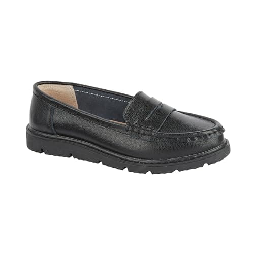Image of Jo & Joe Women’s Real Suede Leather Penny Loafer Comfortable Smart/Casual Flat Slip-on Boat Shoe in Sizes 4-8 (Black Leather, UK Footwear Size System, Adult, Women, Numeric, Medium, 7)